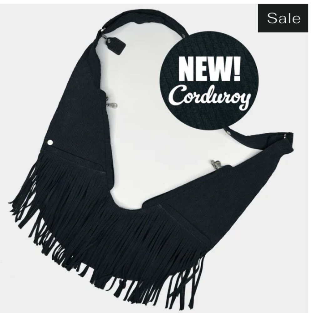 sash bag black  faux leather fringe NOT CORDUROY!